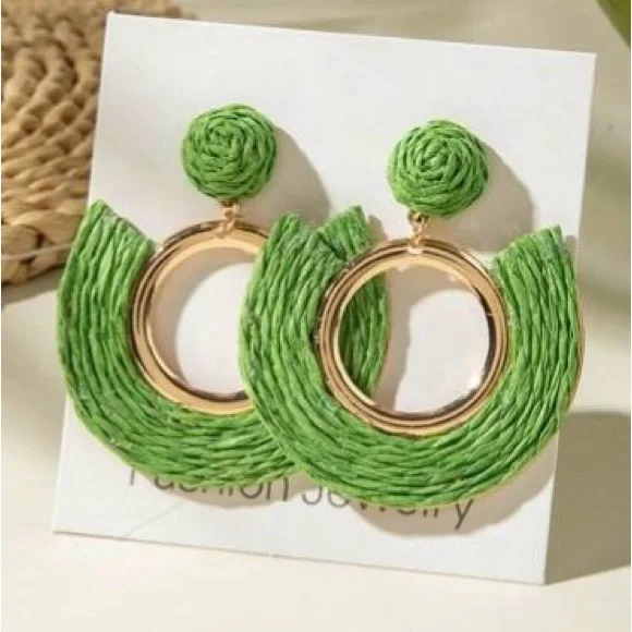 Green and Gold Raffia Hoop Earrings Straw Statement Summer Beach Lime Colourful - Picture 1 of 2